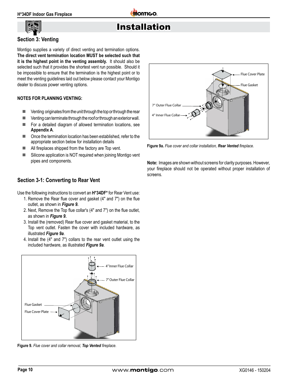 Section 3: venting, Section 3-1: converting to rear vent, Installation | Montigo H34DF User Manual | Page 10 / 42