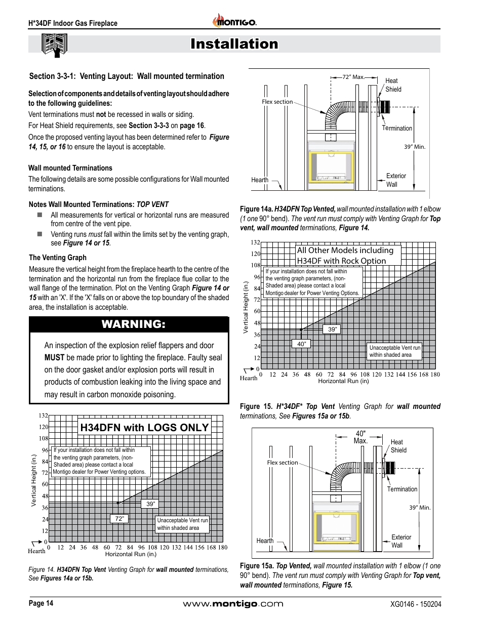 Installation, Warning, H34dfn with logs only | Montigo H34DF User Manual | Page 14 / 42