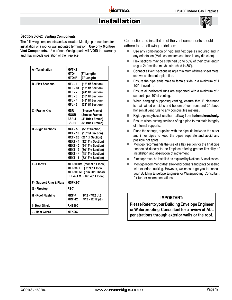 Section 3-3-2, Venting components, Installation | Montigo H34DF User Manual | Page 17 / 42