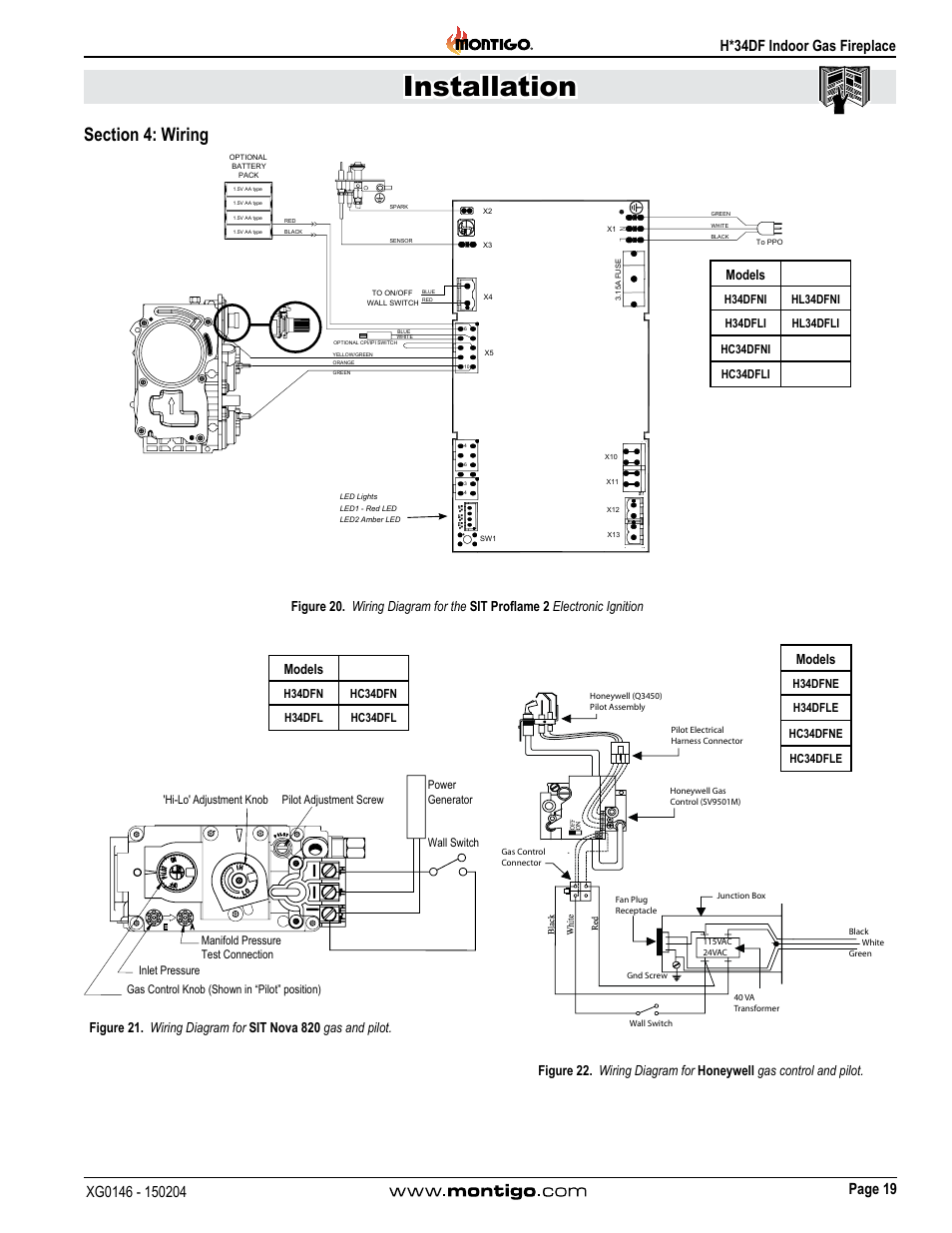 Section 4: wiring, Installation, Models | Montigo H34DF User Manual | Page 19 / 42