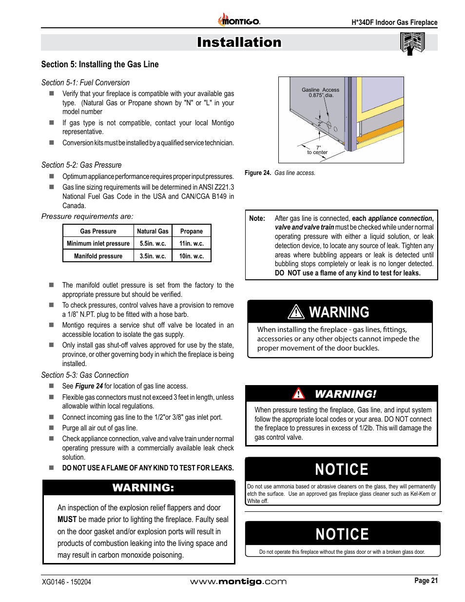 Section 5: installing the gas line, Section 5-1: fuel conversion, Section 5-2: gas pressure | Section 5-3: gas connection, Notice, Installation, Warning | Montigo H34DF User Manual | Page 21 / 42