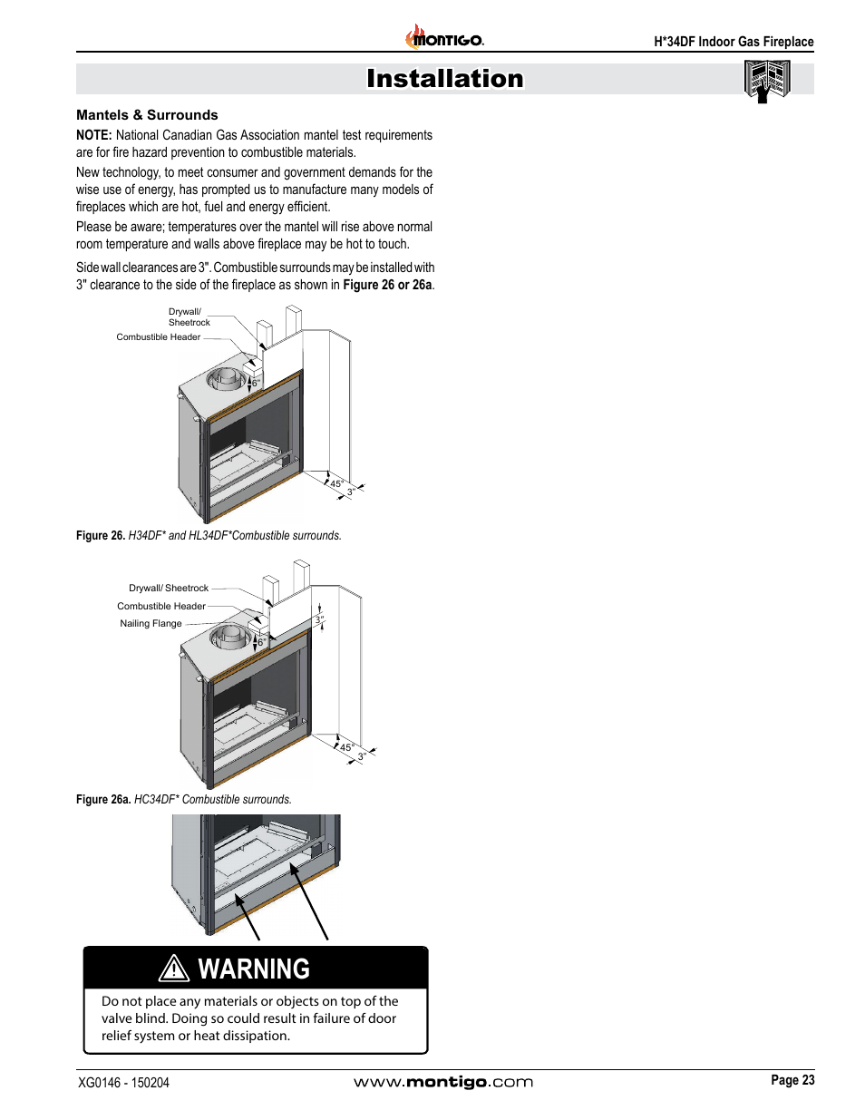 Warning, Installation | Montigo H34DF User Manual | Page 23 / 42