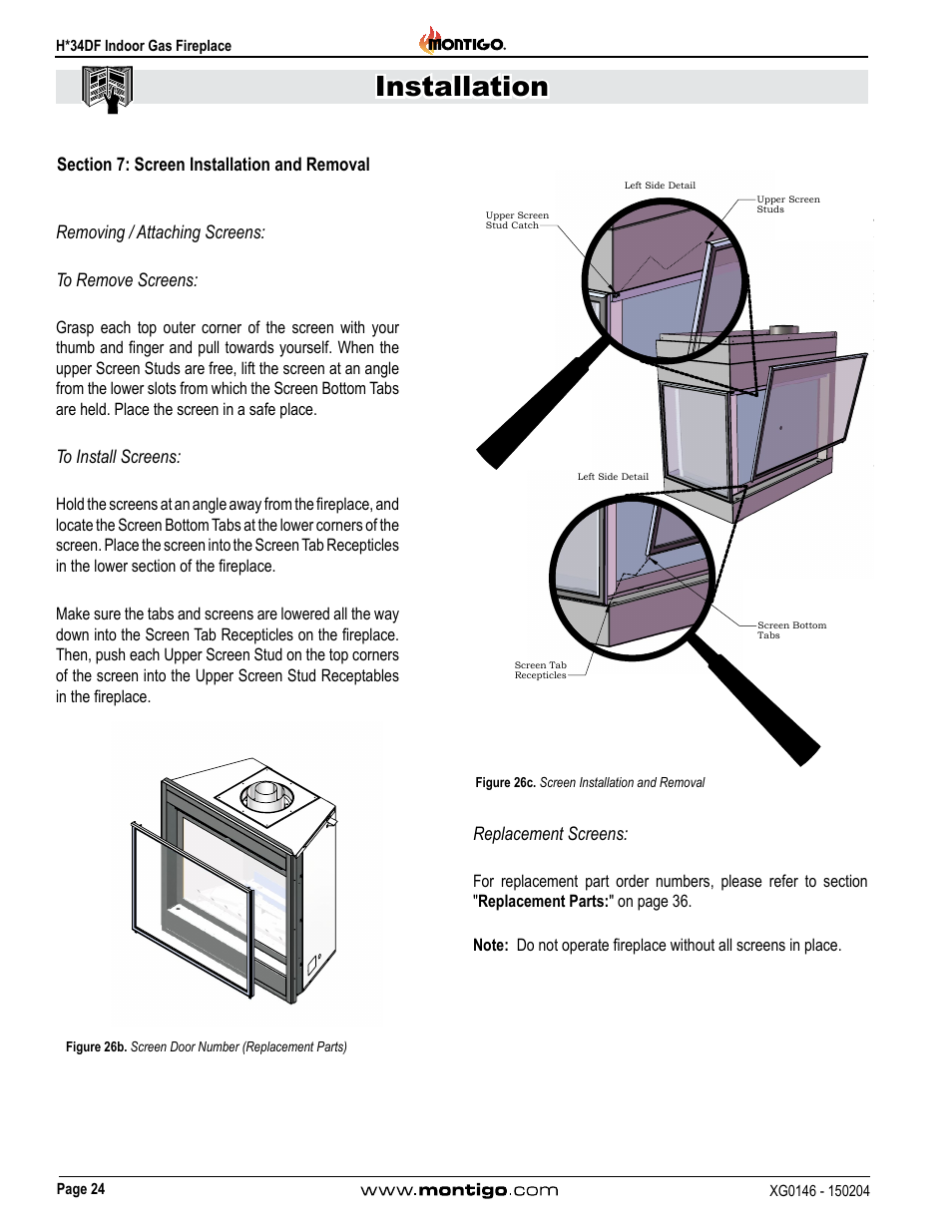 Section 7: screen installation and removal, Installation, Replacement screens | Figure 26c. screen installation and removal, Figure 26b. screen door number (replacement parts) | Montigo H34DF User Manual | Page 24 / 42