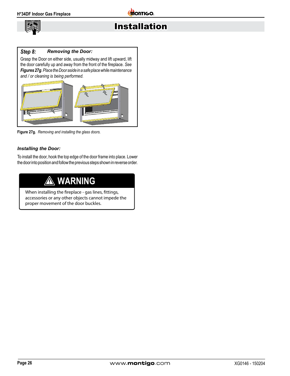 Warning, Installation | Montigo H34DF User Manual | Page 26 / 42