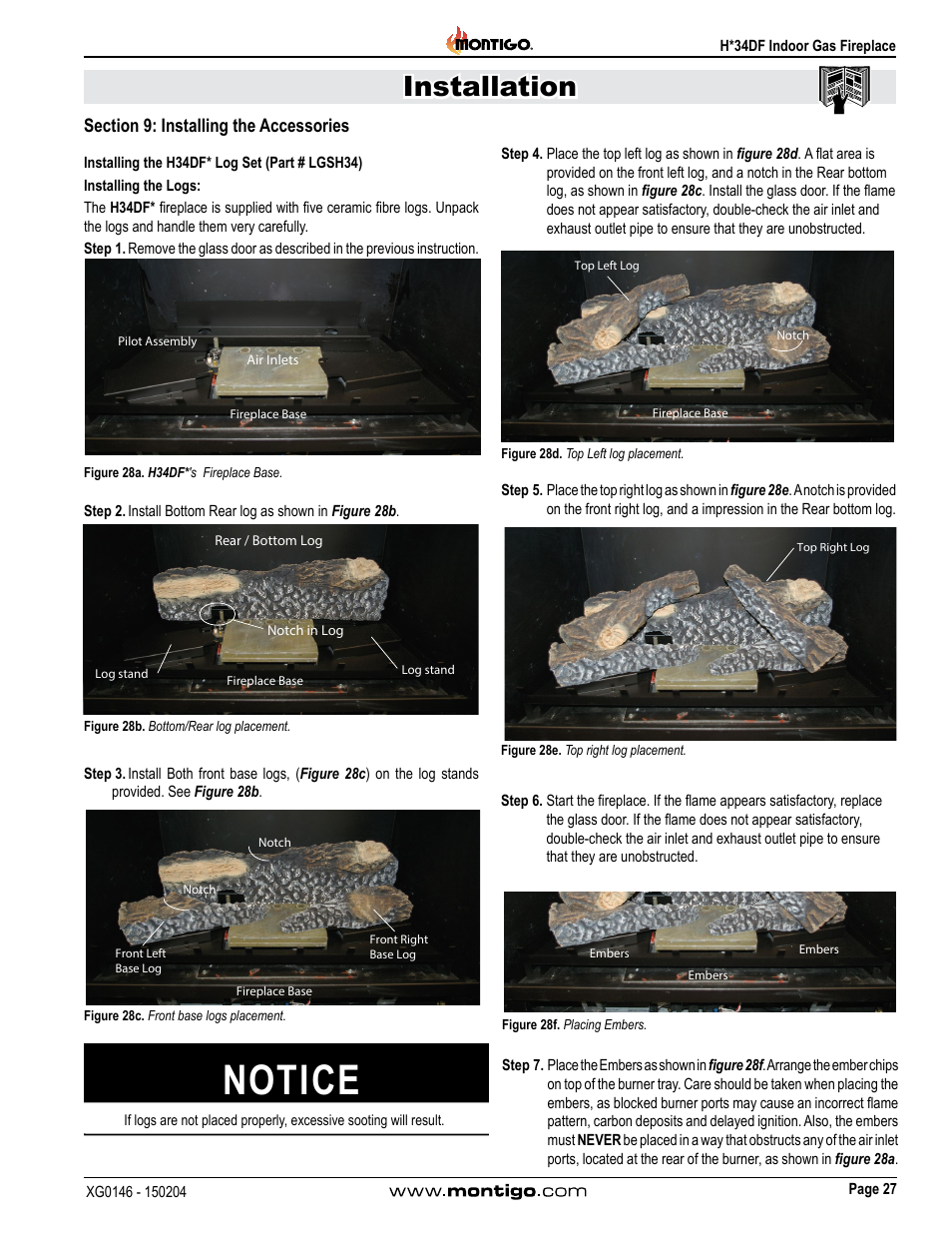 Section 9: installing the accessories, Installing the h34df* log set (part # lgsh34), Notice | Installation | Montigo H34DF User Manual | Page 27 / 42