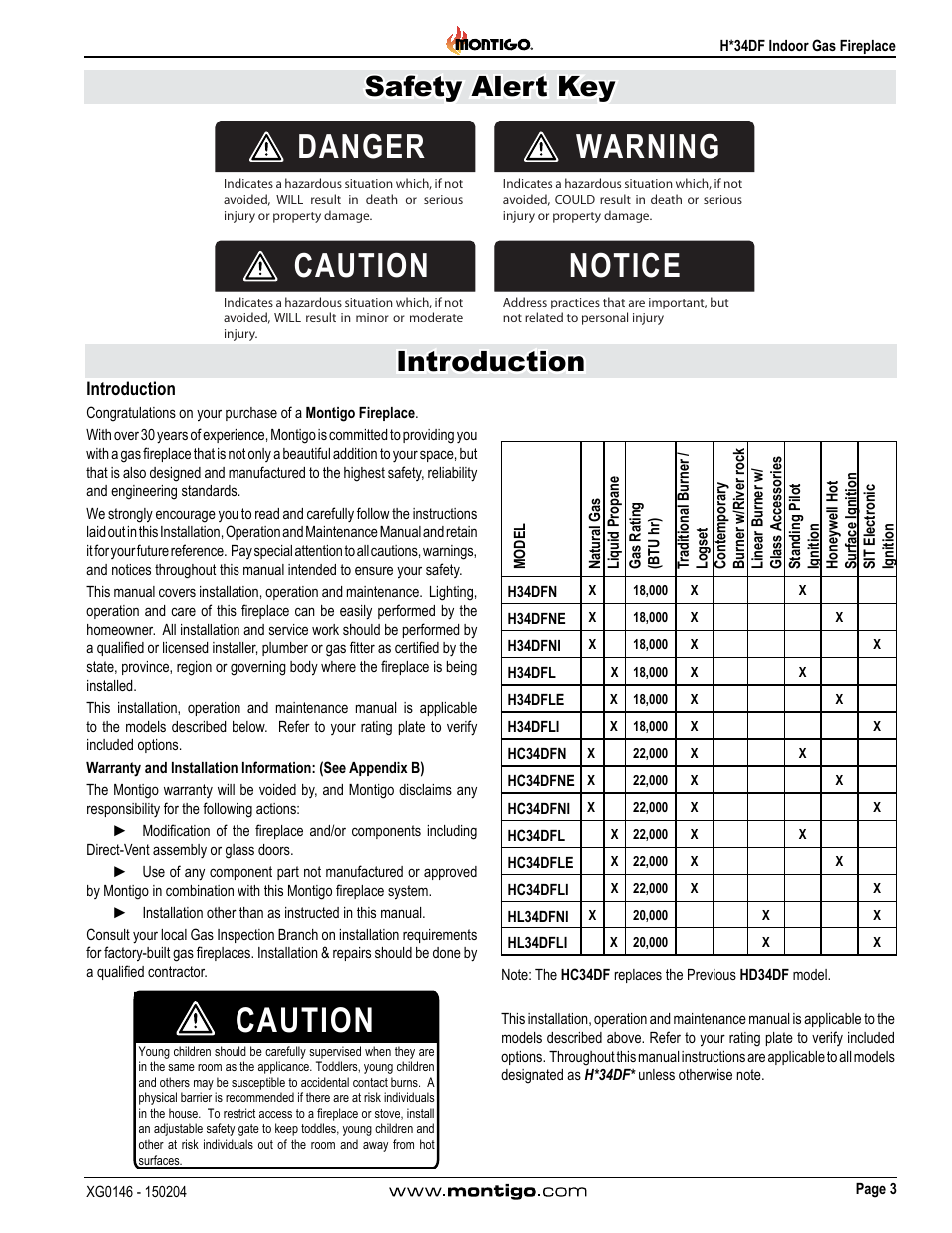 Introduction, Caution, Danger warning caution notice | Safety alert key introduction | Montigo H34DF User Manual | Page 3 / 42