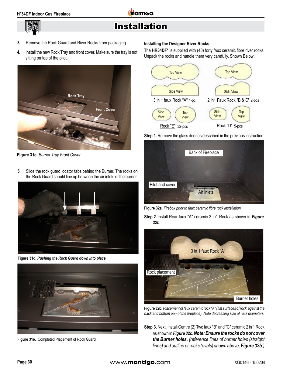 Installing the designer river rocks, Installation | Montigo H34DF User Manual | Page 30 / 42