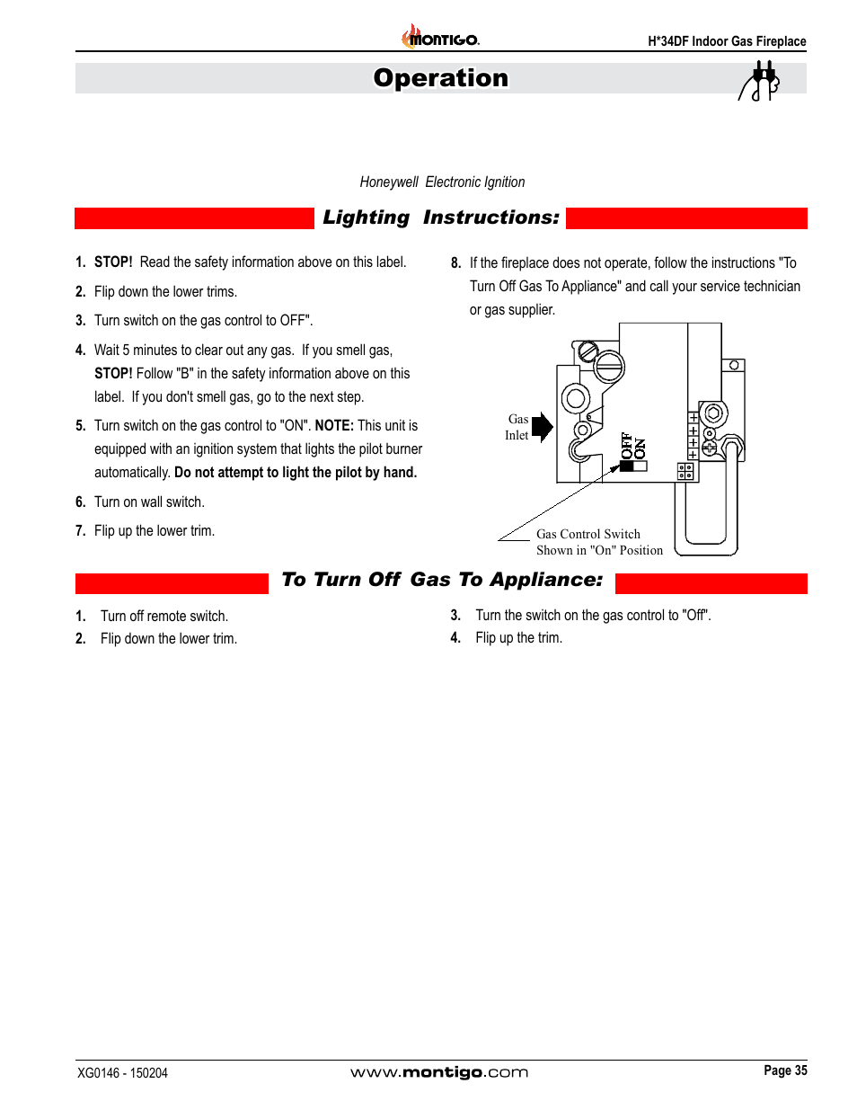 Honeywell electronic ignition, Operation | Montigo H34DF User Manual | Page 35 / 42