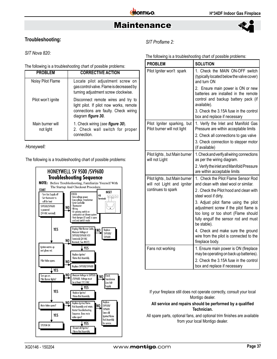 Troubleshooting, Sit nova 820, Honeywell | Sit proflame 2, Maintenance | Montigo H34DF User Manual | Page 37 / 42