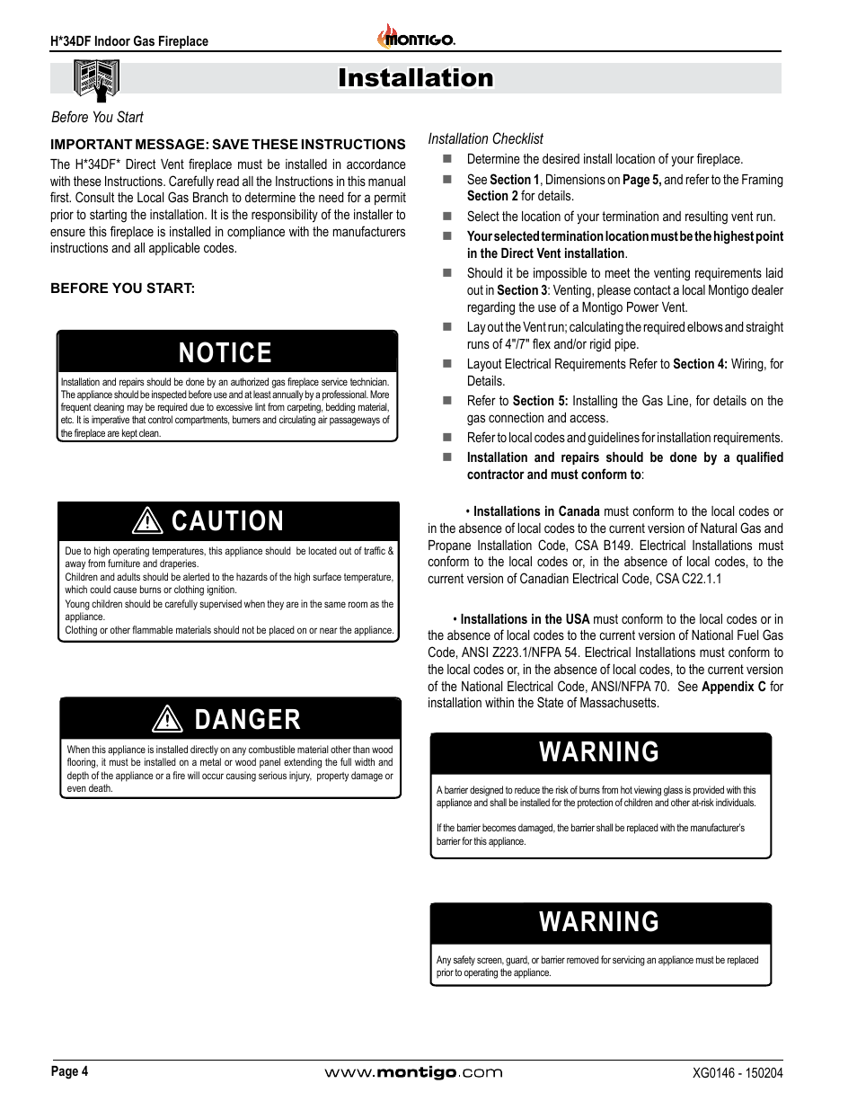 Before you start, Installation checklist, Notice | Caution, Danger, Warning, Installation | Montigo H34DF User Manual | Page 4 / 42