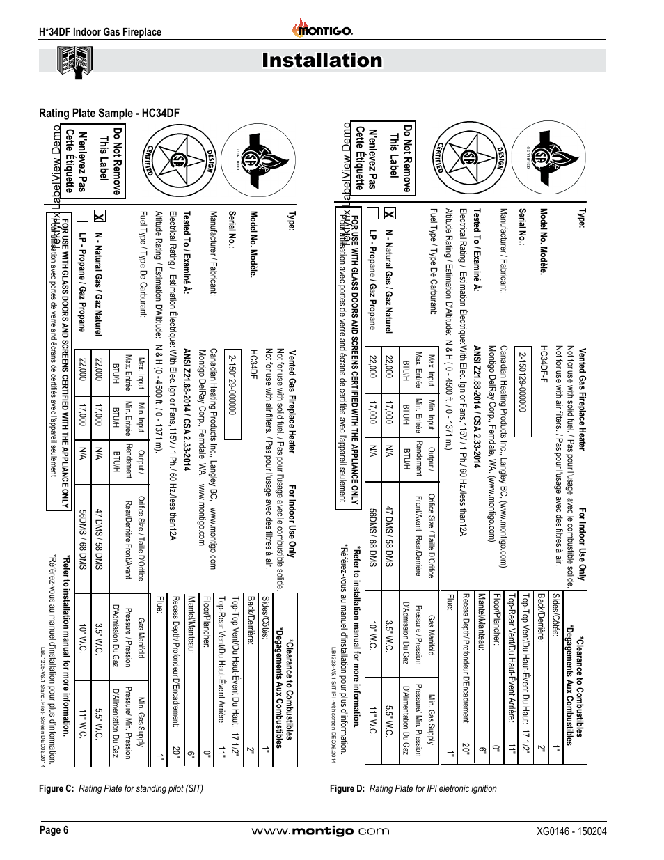 Rating plate sample - hc34df, Installation | Montigo H34DF User Manual | Page 6 / 42