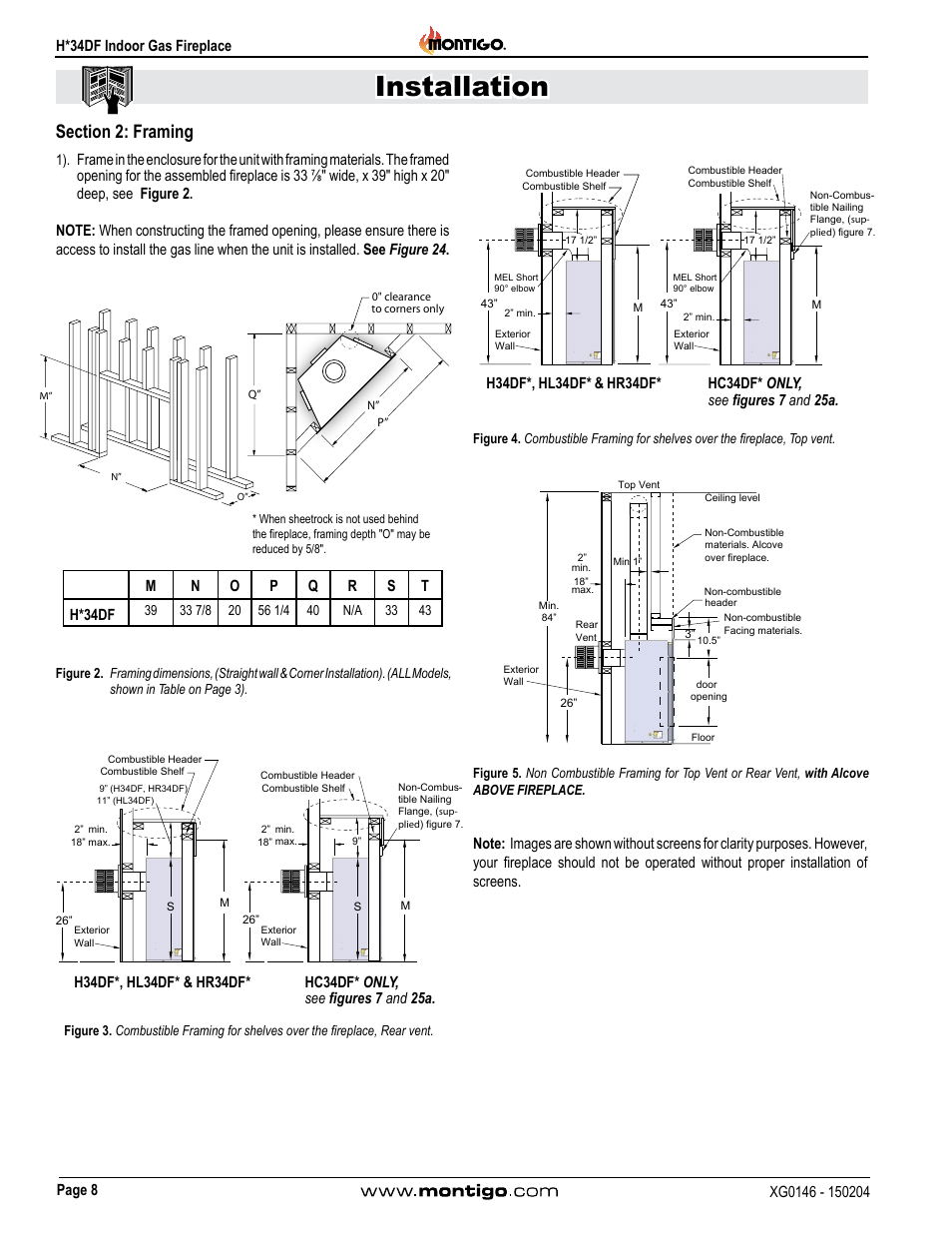 Section 2: framing, Installation, Models included | Front view, Side view, Top view | Montigo H34DF User Manual | Page 8 / 42