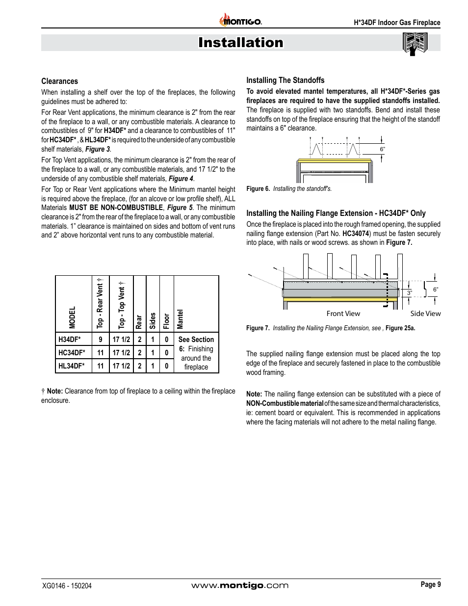 Clearances, Installing the standoffs, Installation | Montigo H34DF User Manual | Page 9 / 42