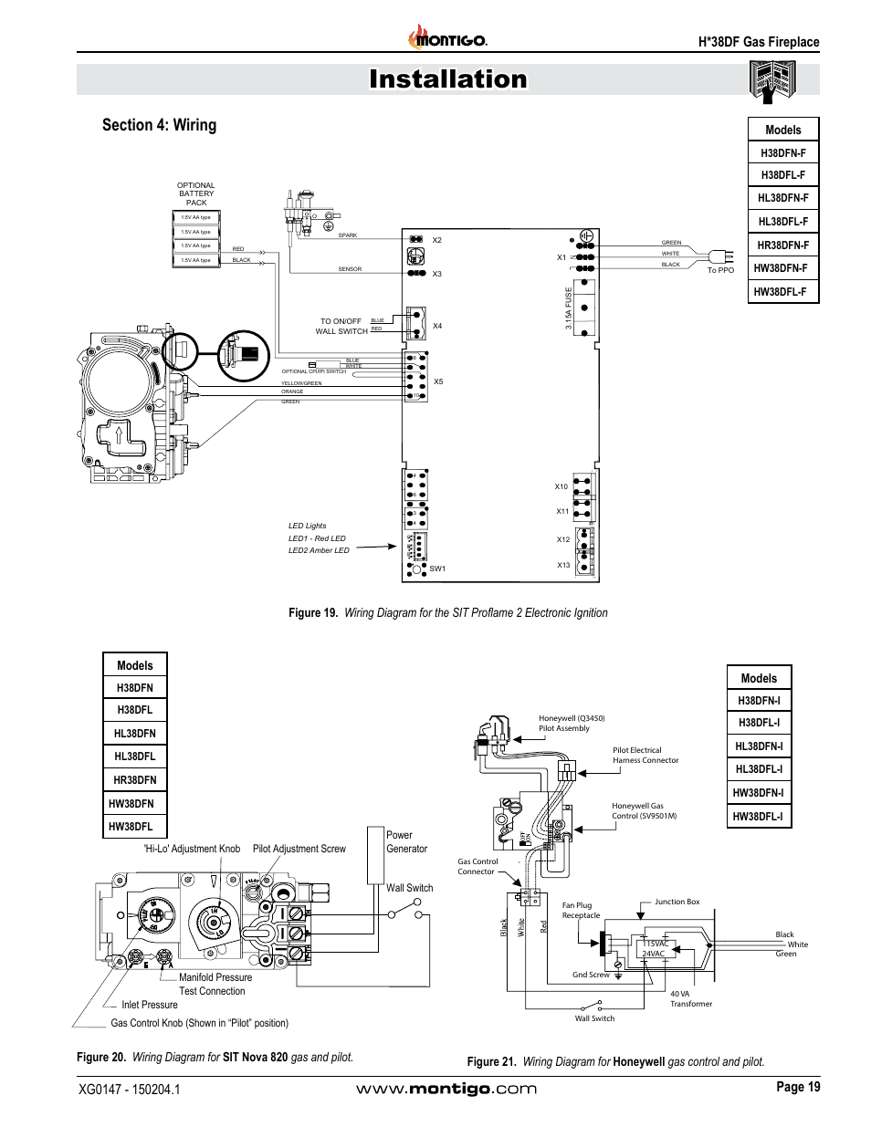 Section 4: wiring, Installation, Models | Montigo H38DF User Manual | Page 19 / 40