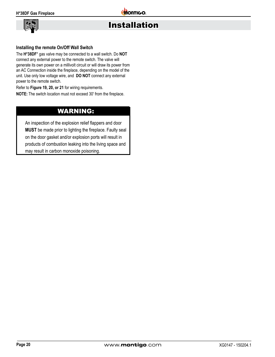 Installation, Warning | Montigo H38DF User Manual | Page 20 / 40