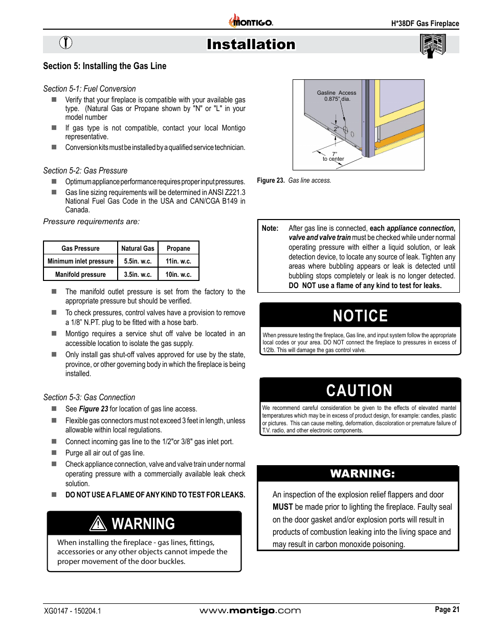 Section 5: installing the gas line, Section 5-1: fuel conversion, Section 5-2: gas pressure | Section 5-3: gas connection, Caution, Notice, Installation, Warning | Montigo H38DF User Manual | Page 21 / 40