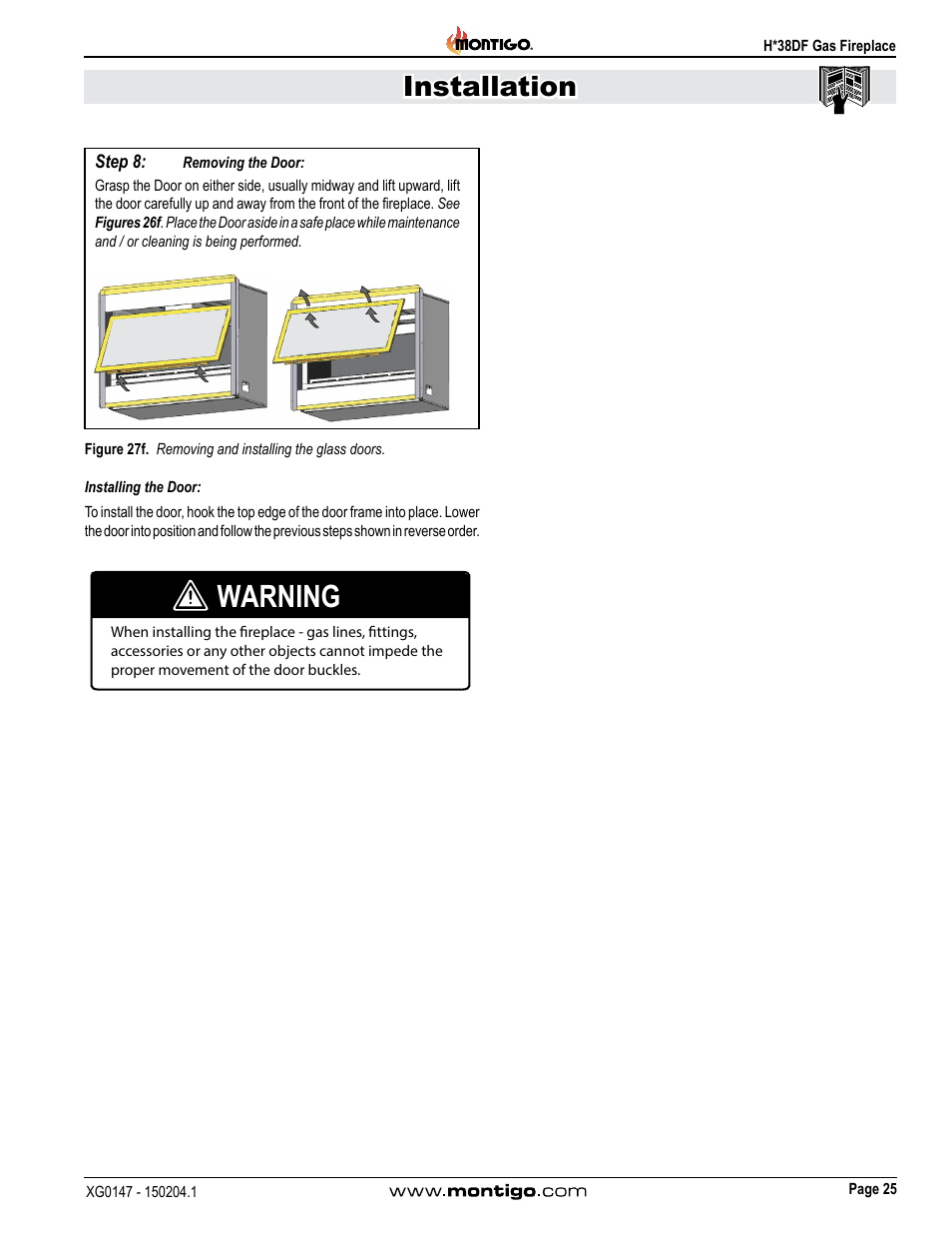 Warning, Installation | Montigo H38DF User Manual | Page 25 / 40