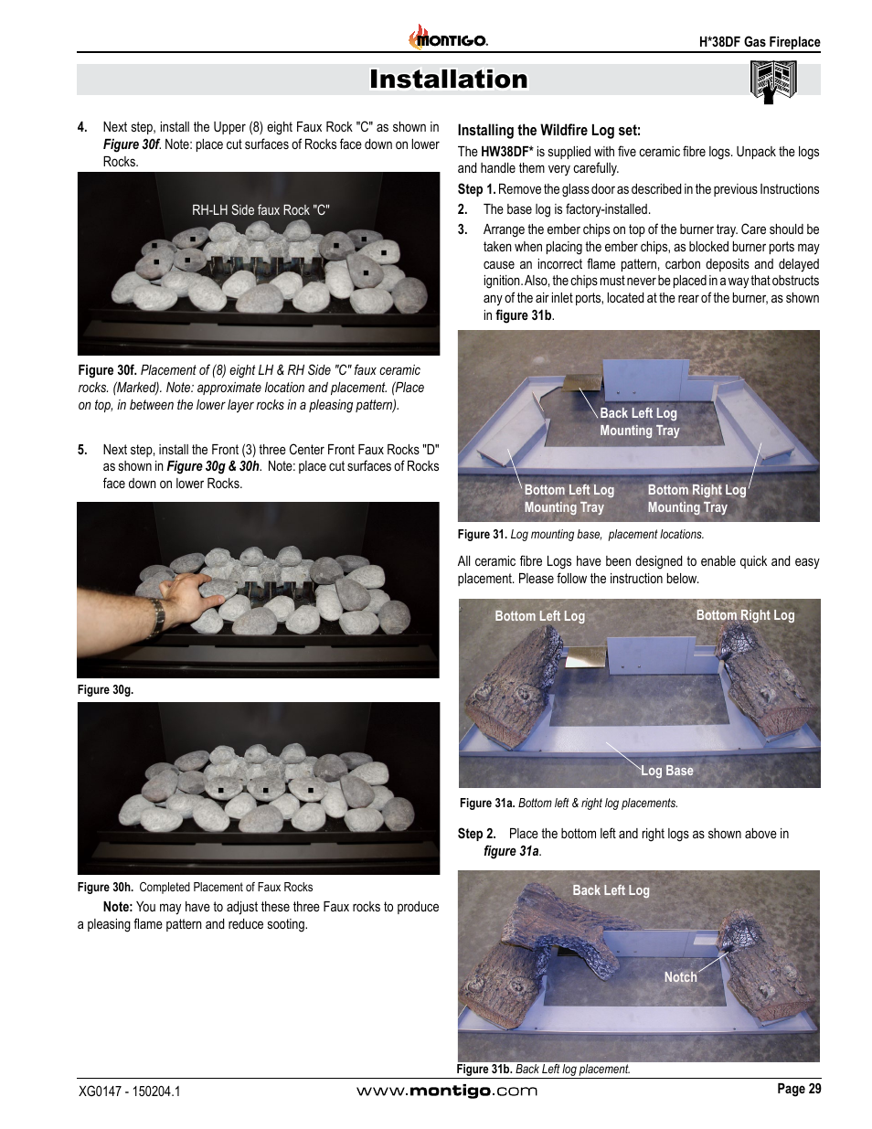 Installing the wildfire log set, Installing the wildfire log set: 29, Installation | Montigo H38DF User Manual | Page 29 / 40