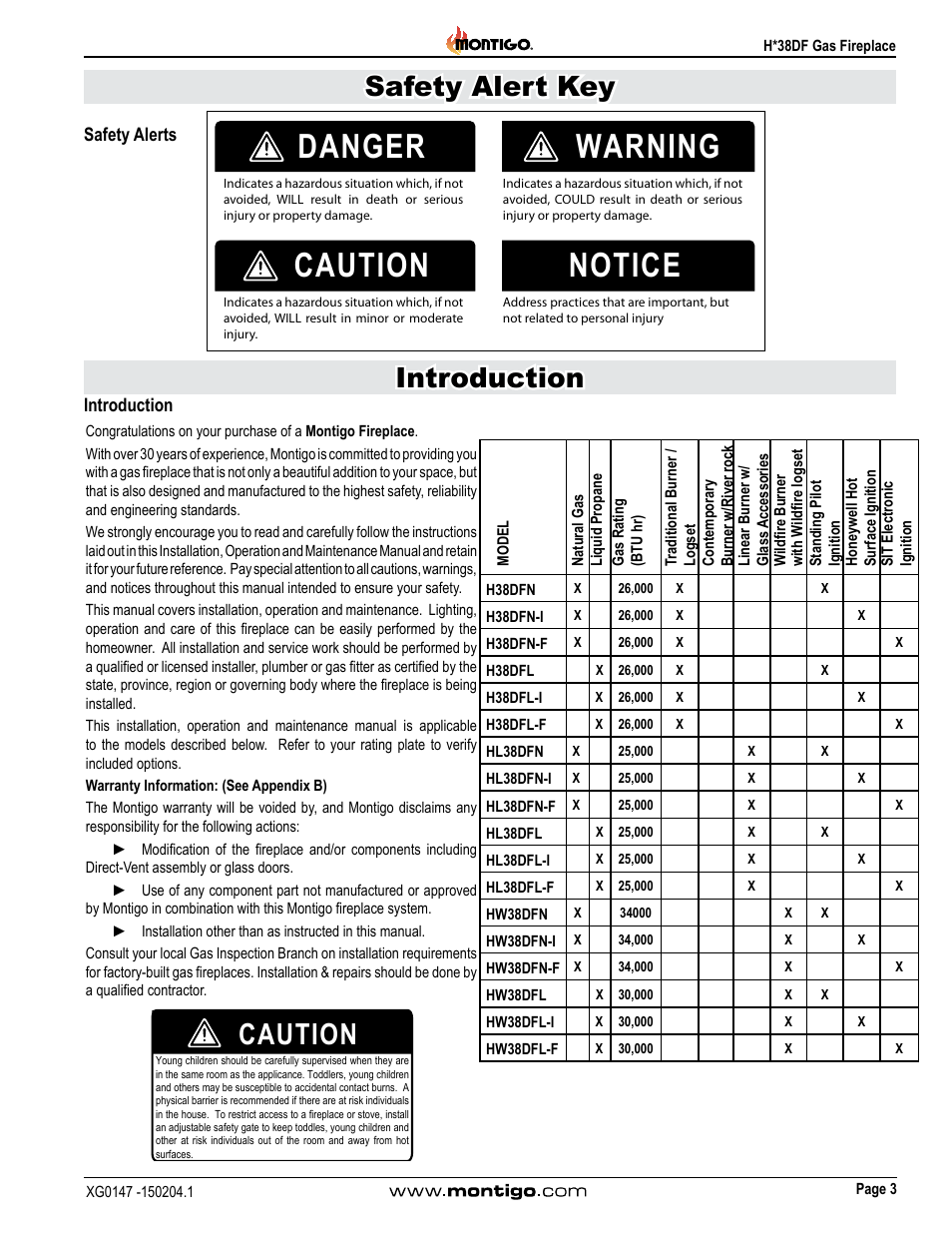 Safety alerts, Introduction, Danger warning caution notice | Caution, Safety alert key | Montigo H38DF User Manual | Page 3 / 40