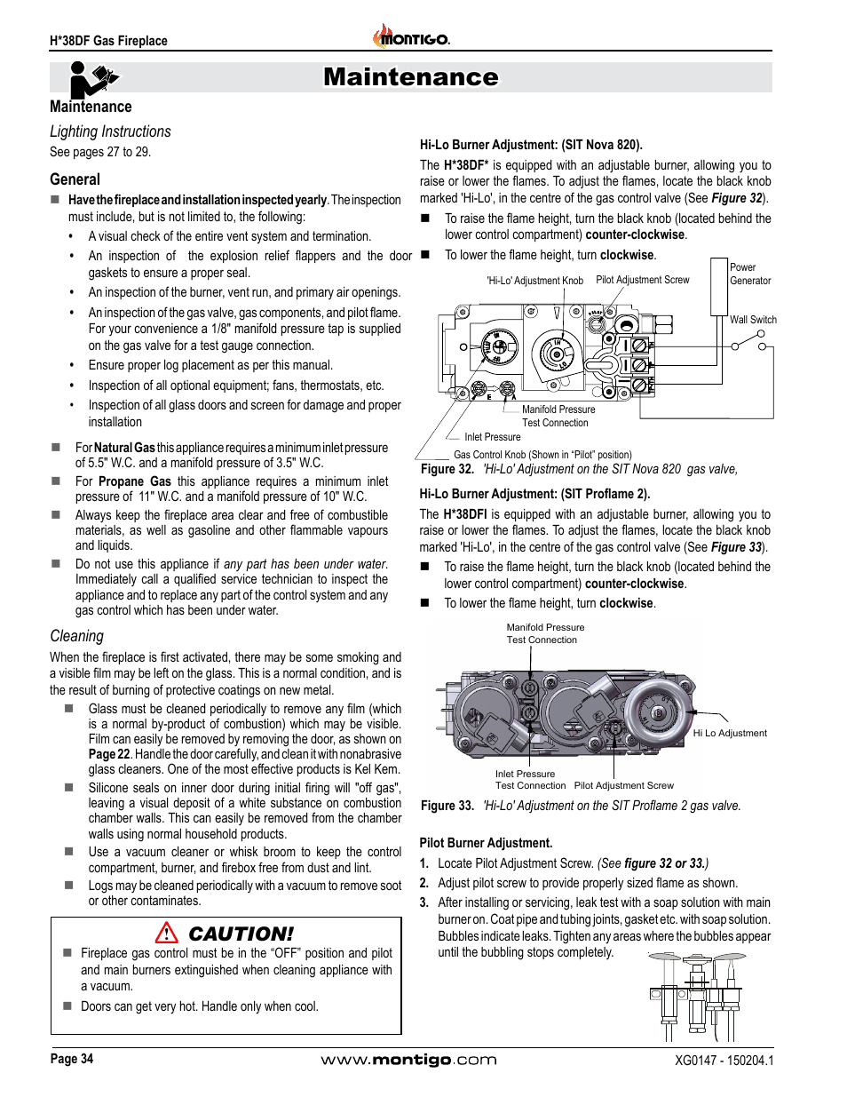 Maintenance, Lighting instructions, General | Cleaning, Hi-lo burner adjustment: (sit nova 820), Hi-lo burner adjustment: (sit proflame 2), Pilot burner adjustment, Caution | Montigo H38DF User Manual | Page 34 / 40