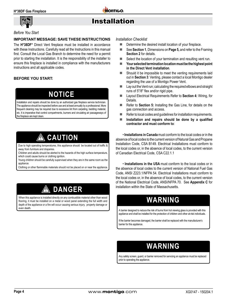 Before you start, Installation checklist, Before you start 4 installation checklist 4 | Caution, Danger, Notice warning, Warning, Installation | Montigo H38DF User Manual | Page 4 / 40