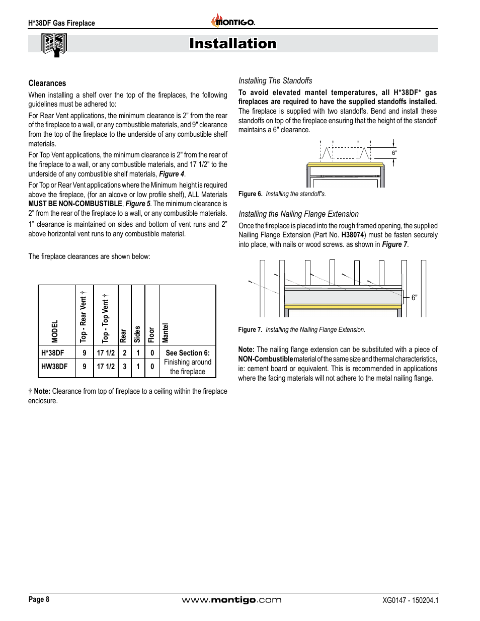 Clearances, Installing the standoffs, Installing the nailing flange extension | Installation | Montigo H38DF User Manual | Page 8 / 40