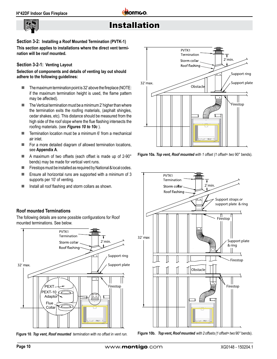 Section 3-2, Installing a roof mounted termination (pvtk-1) 10, Section 3-2-1: venting layout | Roof mounted terminations, Installation | Montigo H42DF User Manual | Page 10 / 40