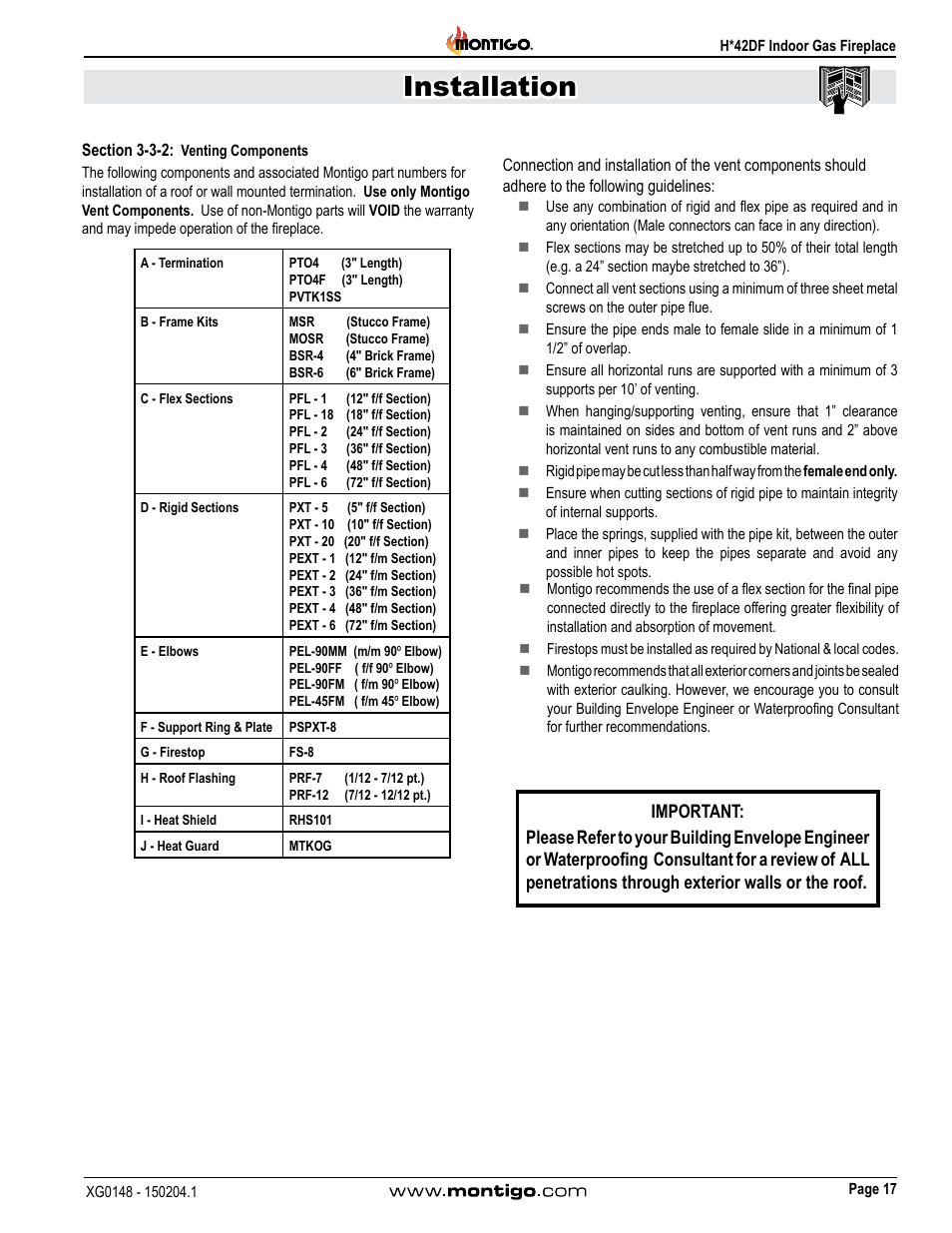 Section 3-3-2: venting components, Installation | Montigo H42DF User Manual | Page 17 / 40