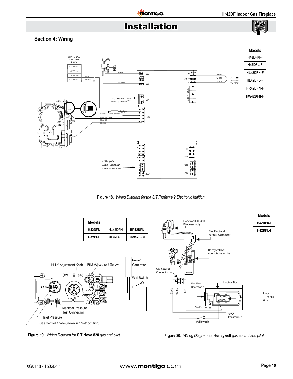 Section 4: wiring, Installation, Models | Montigo H42DF User Manual | Page 19 / 40