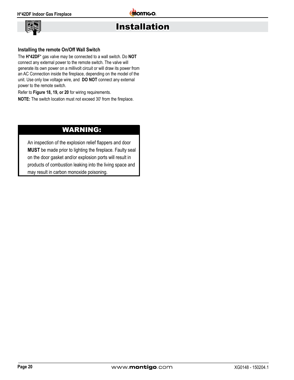 Installation, Warning | Montigo H42DF User Manual | Page 20 / 40
