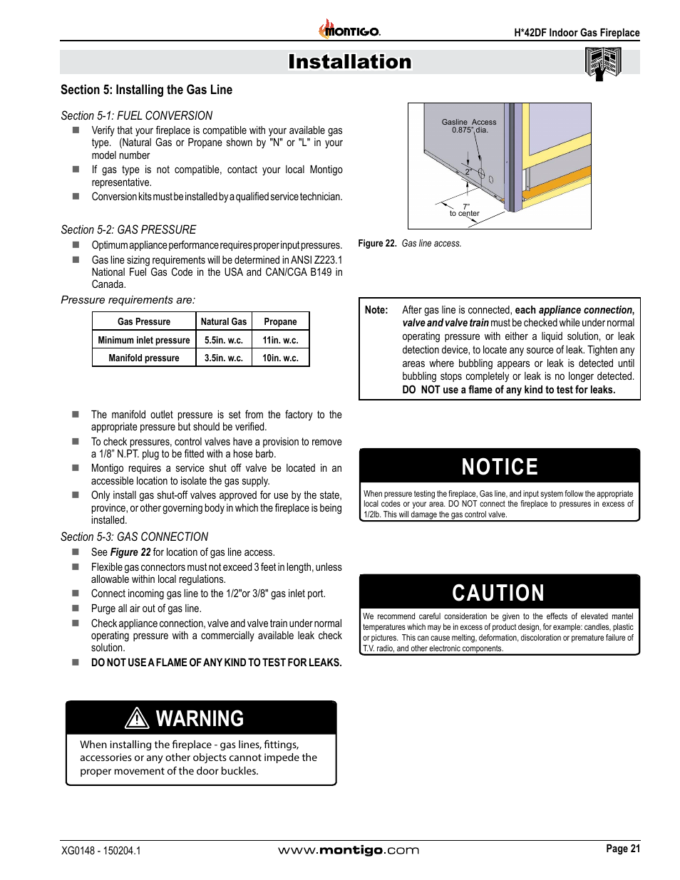 Section 5: installing the gas line, Section 5-1: fuel conversion, Section 5-2: gas pressure | Section 5-3: gas connection, Caution, Notice, Warning, Installation | Montigo H42DF User Manual | Page 21 / 40