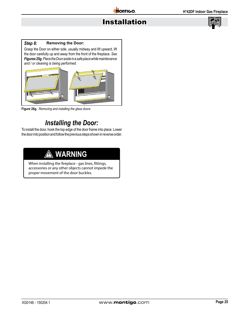 Warning, Installation, Installing the door | Montigo H42DF User Manual | Page 25 / 40