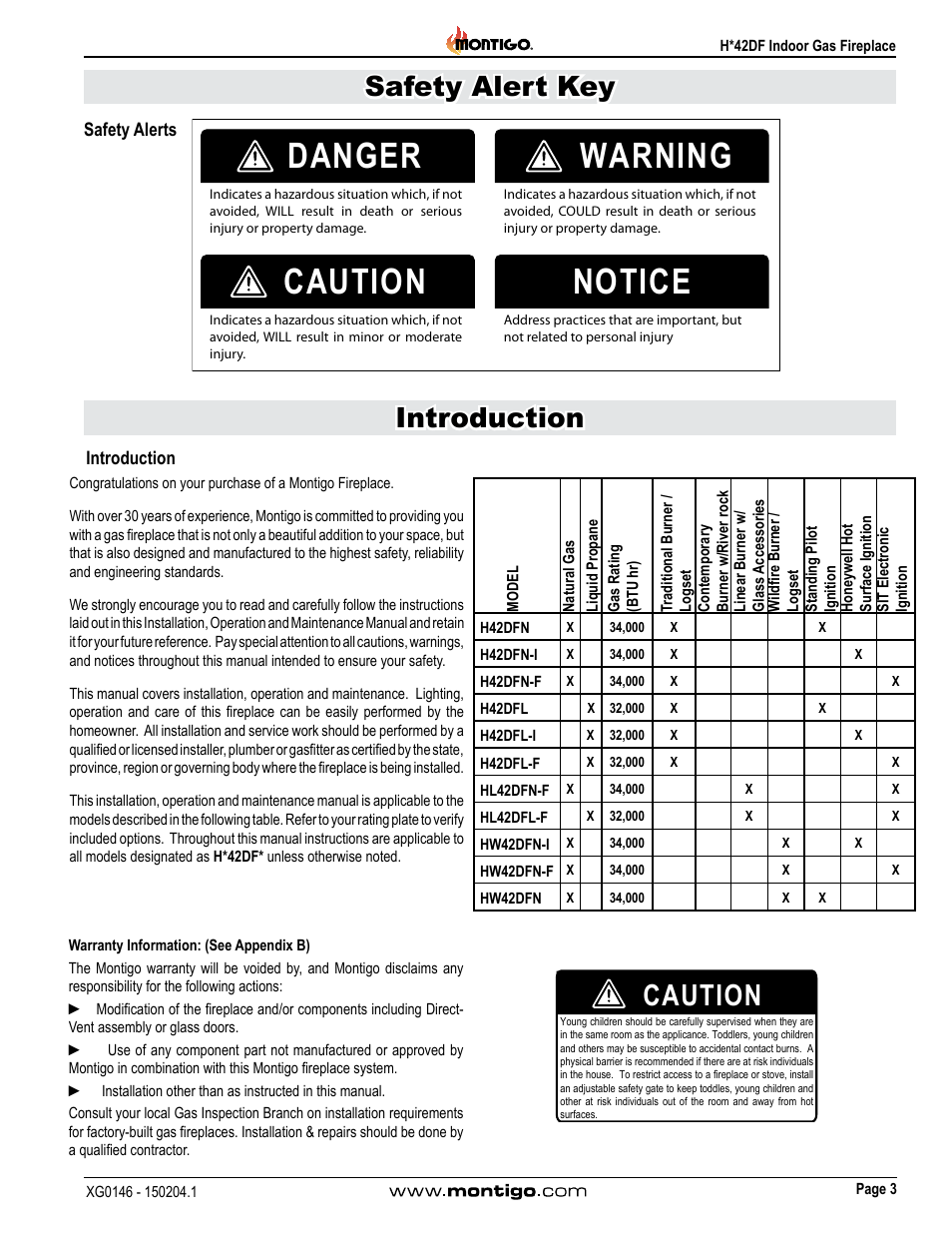 Safety alerts, Introduction, Danger warning caution notice | Caution, Safety alert key introduction | Montigo H42DF User Manual | Page 3 / 40