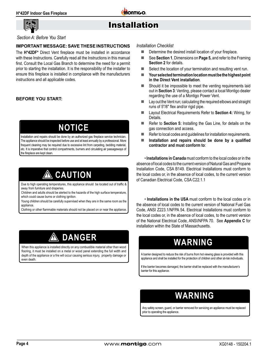Section a: before you start, Installation checklist, Caution | Danger, Notice warning, Warning, Installation | Montigo H42DF User Manual | Page 4 / 40