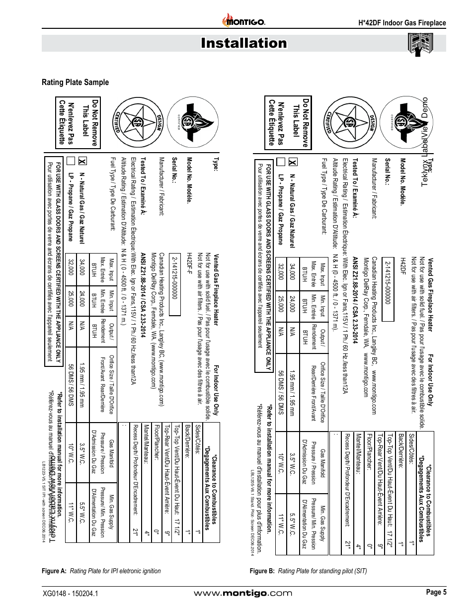 Rating plate sample, Installation | Montigo H42DF User Manual | Page 5 / 40