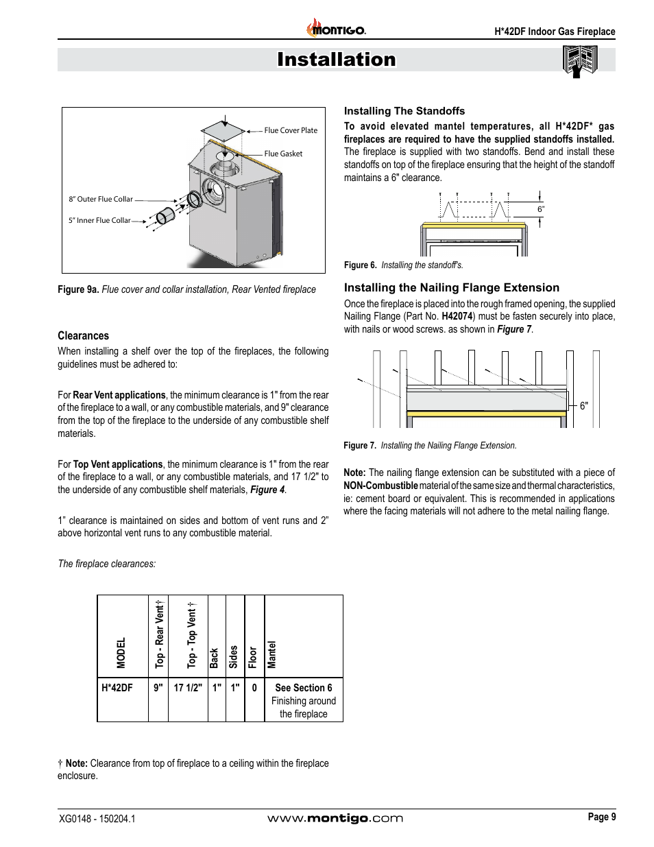 Clearances, Installation | Montigo H42DF User Manual | Page 9 / 40