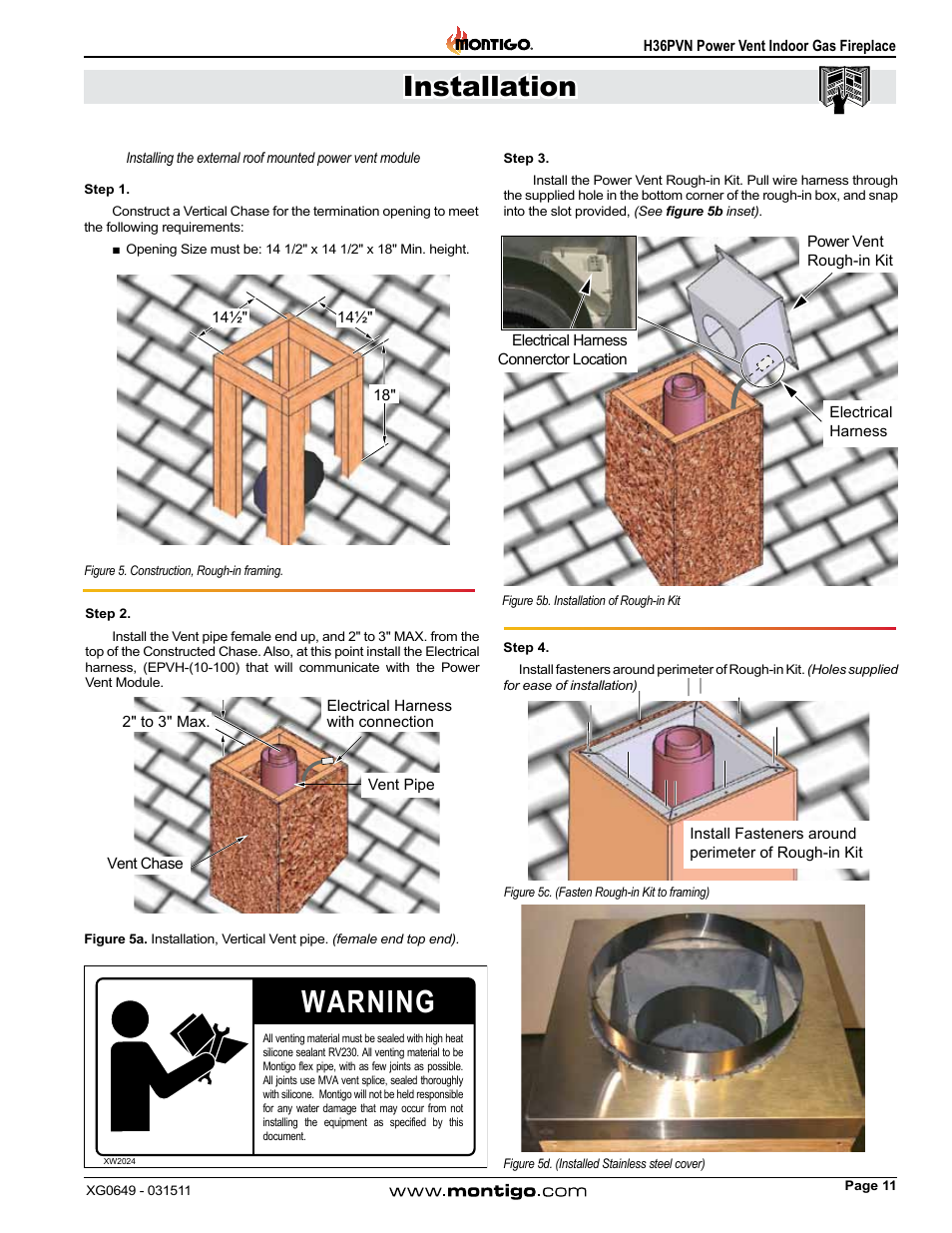 Warning, Installation | Montigo H36PVN User Manual | Page 11 / 40