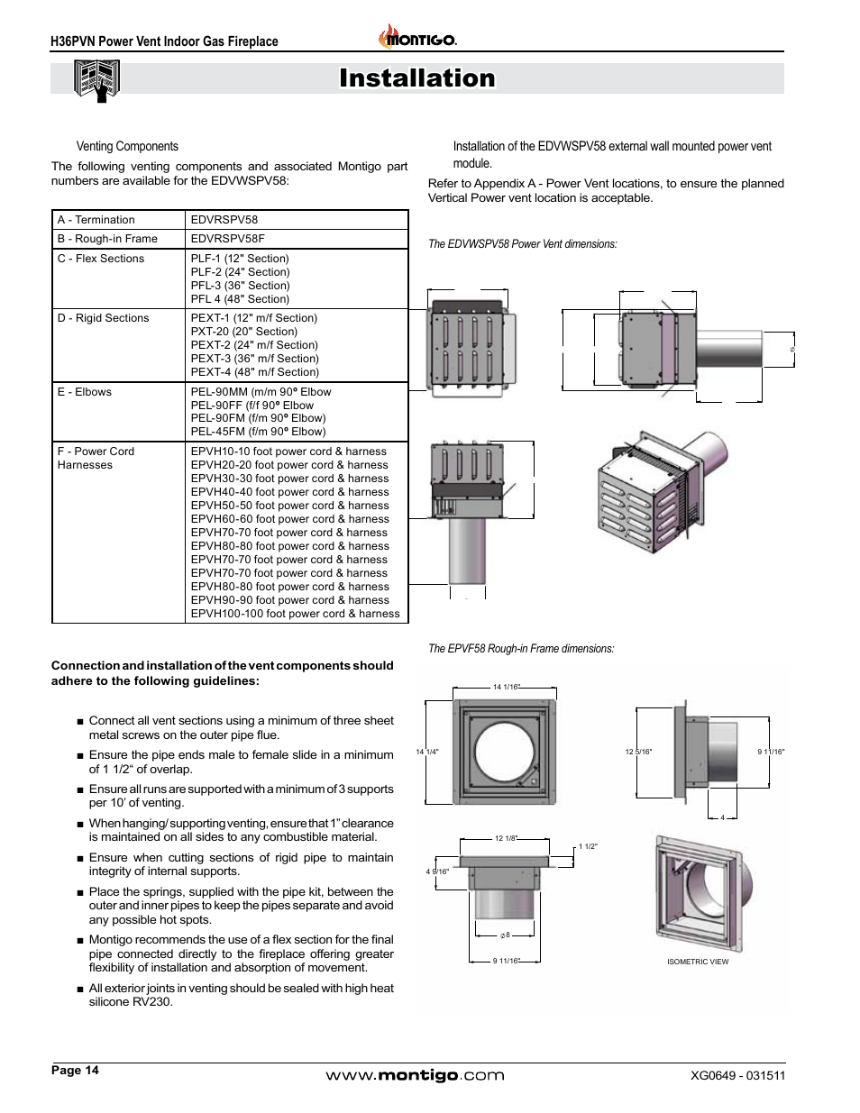 Installation, H36pvn power vent indoor gas fireplace | Montigo H36PVN User Manual | Page 14 / 40