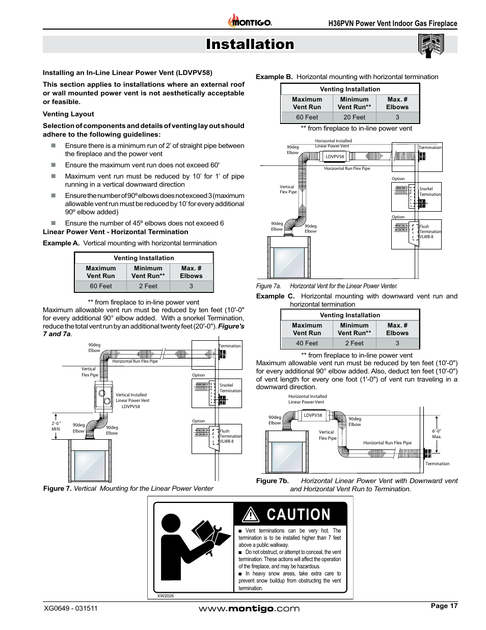 Caution, Installation, H36pvn power vent indoor gas fireplace | Montigo H36PVN User Manual | Page 17 / 40