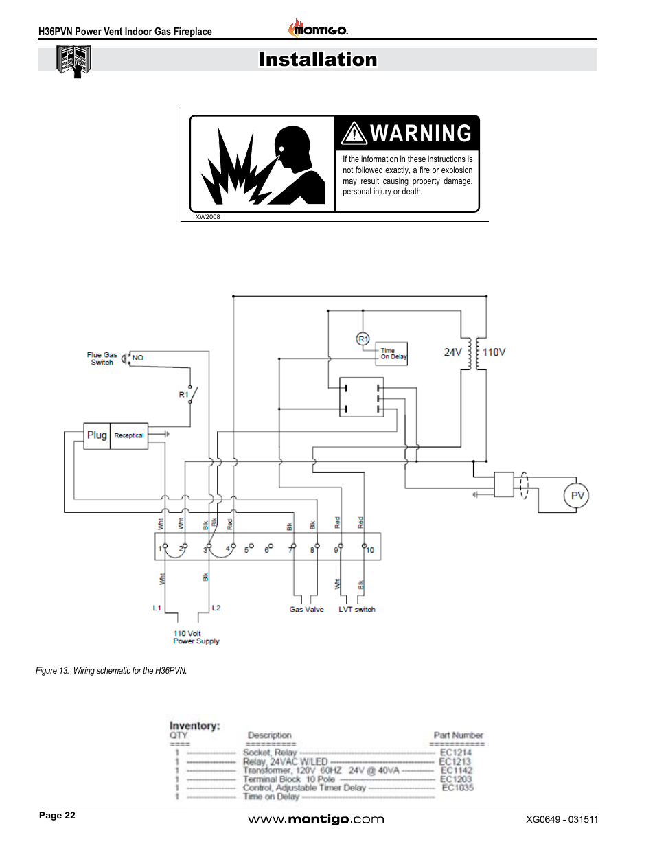 Warning, Installation | Montigo H36PVN User Manual | Page 22 / 40