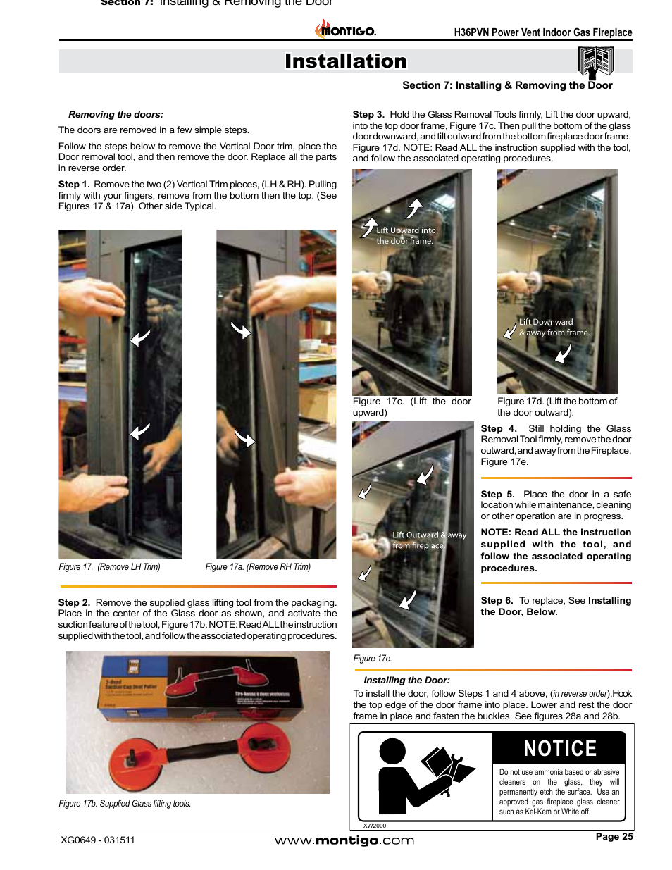 Notice, Installation, Installing & removing the door | Montigo H36PVN User Manual | Page 25 / 40