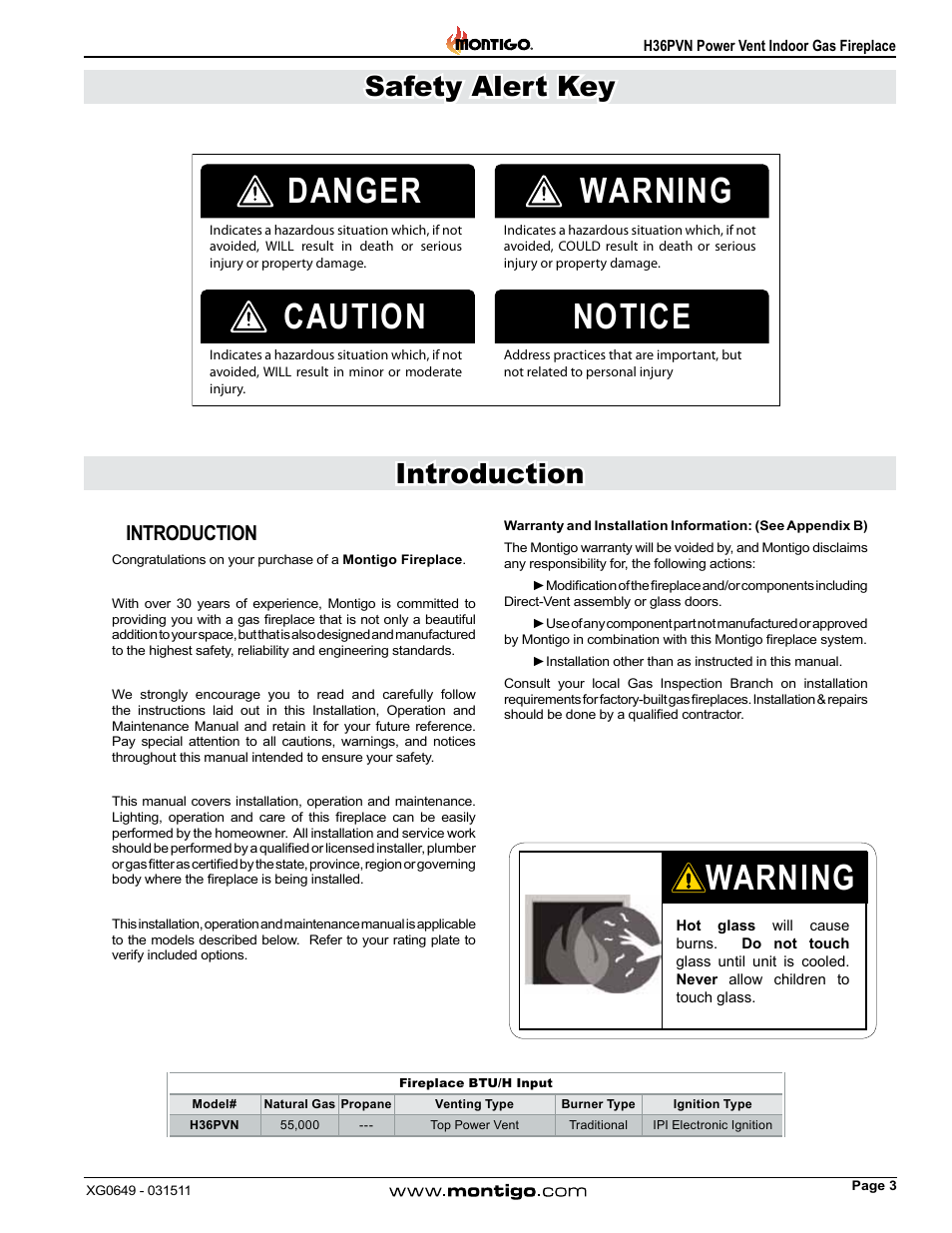 Danger warning caution notice, Warning, Safety alert key introduction | Introduction, H36pvn power vent indoor gas fireplace | Montigo H36PVN User Manual | Page 3 / 40