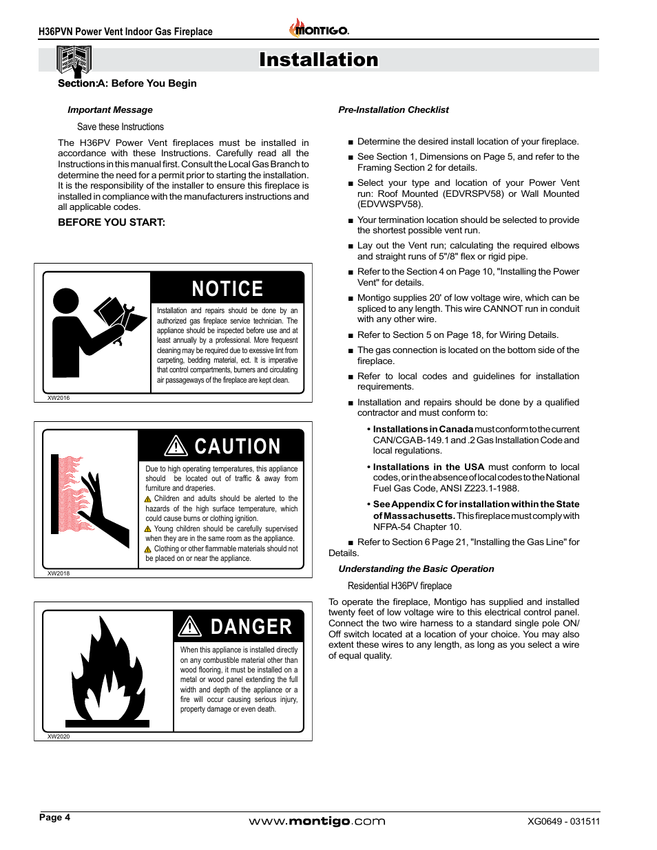 Notice, Caution, Danger | Installation | Montigo H36PVN User Manual | Page 4 / 40
