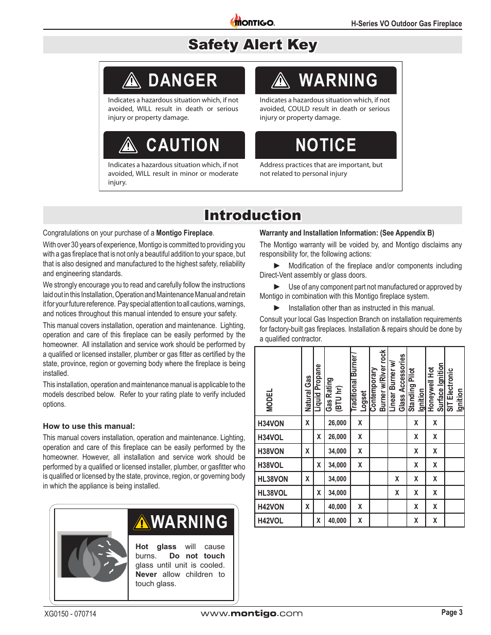 Danger warning caution notice, Warning, Safety alert key introduction | Montigo H34VO User Manual | Page 3 / 22