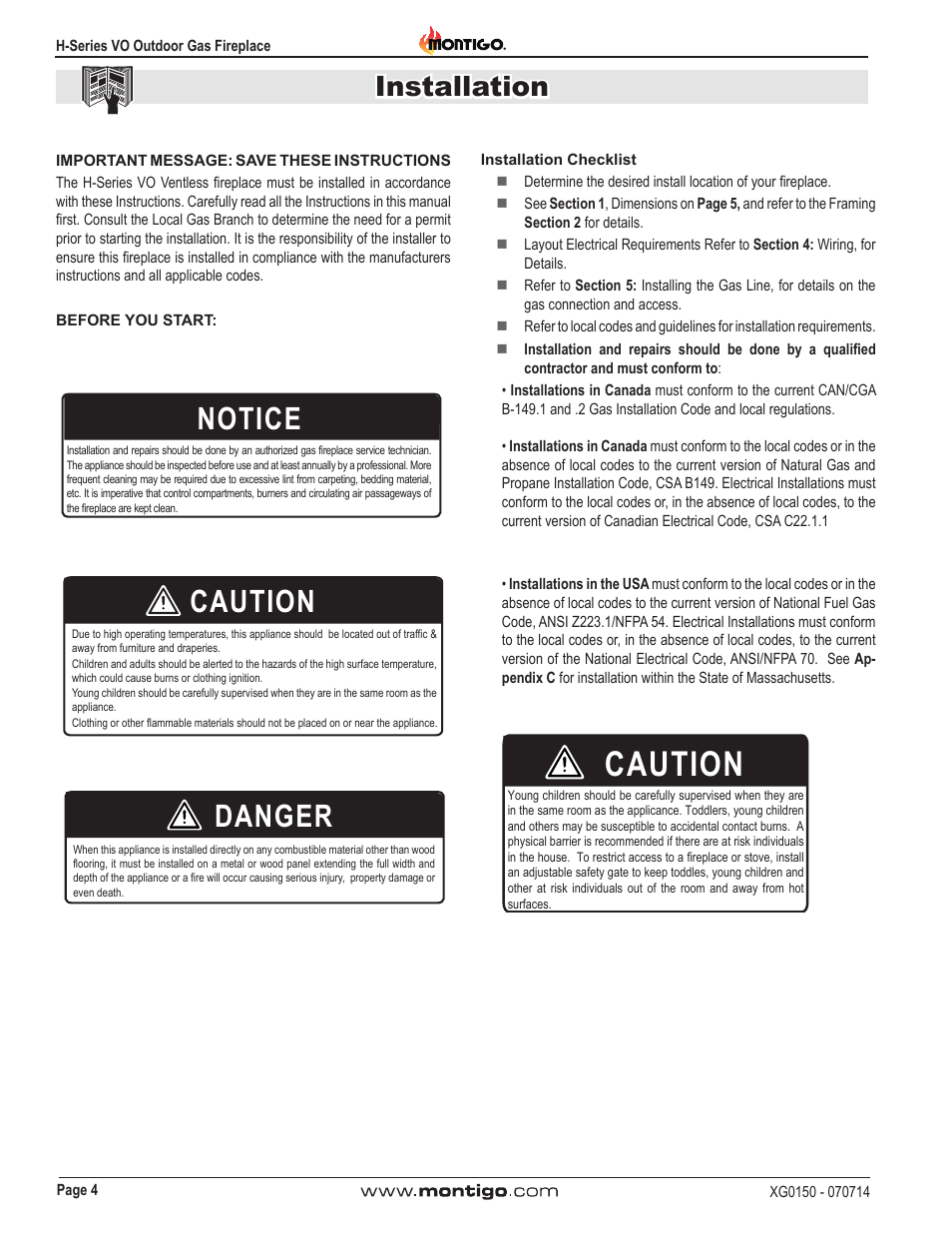 Notice, Caution, Danger | Installation | Montigo H34VO User Manual | Page 4 / 22