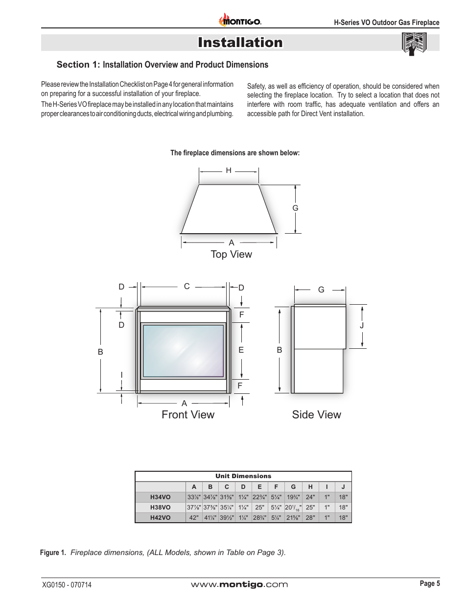 Installation, Front view, Side view | Top view | Montigo H34VO User Manual | Page 5 / 22