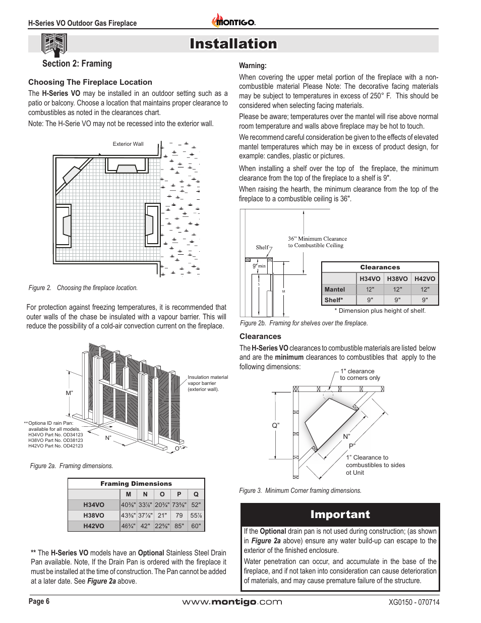 Installation, Important, Front view | Side view, Top view | Montigo H34VO User Manual | Page 6 / 22
