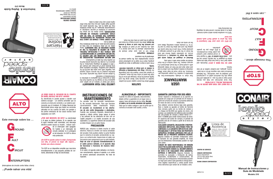 Ionic, Speed, User maintenance | Instrucciones de mantenimiento, This message about, Round, Ault, Ircuit, Nterrupters ...can save a life, Caution | Conair 210 User Manual | Page 2 / 2