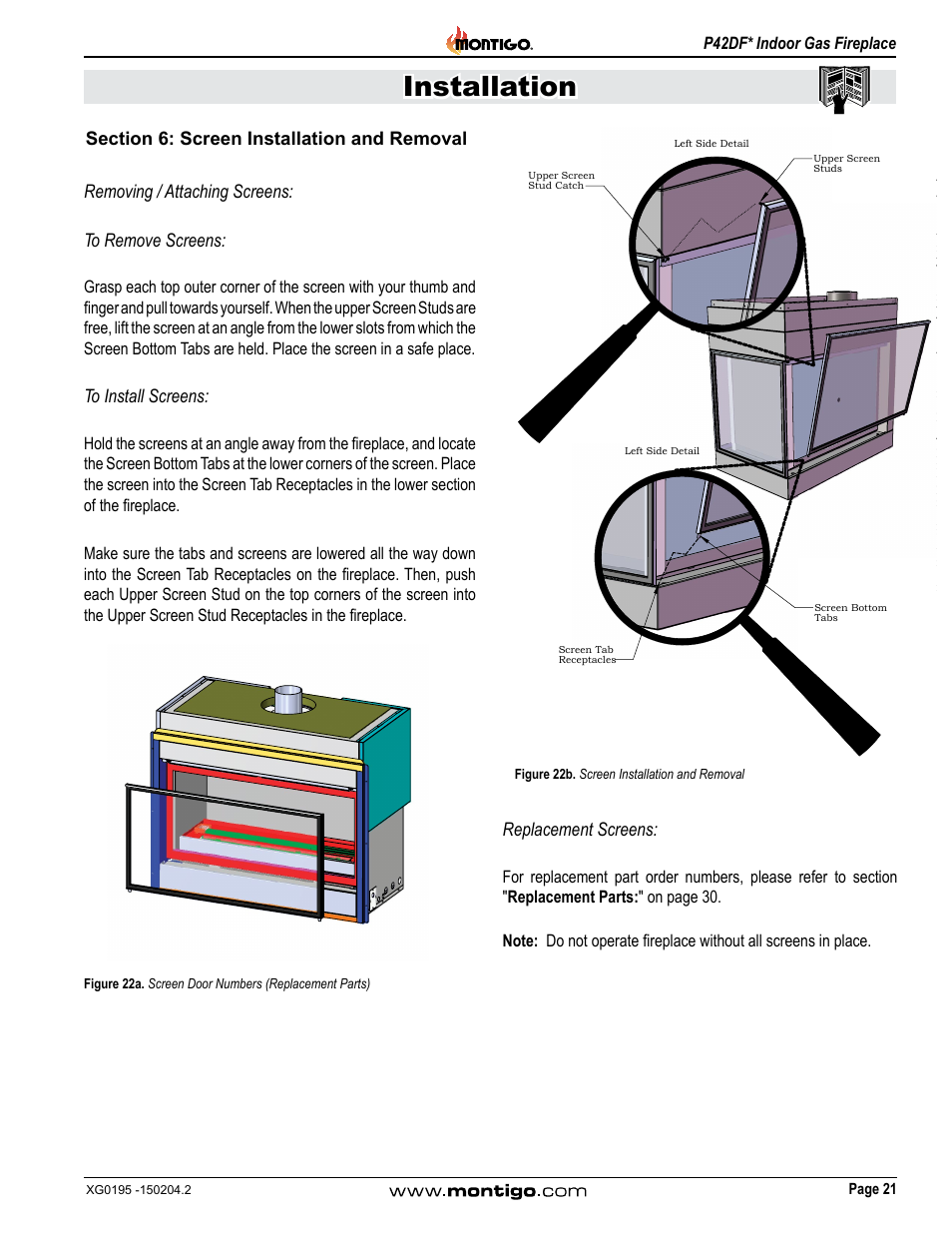 Section 6: screen installation and removal, Installation, Removing / attaching screens: to remove screens | Replacement screens | Montigo P42DF User Manual | Page 21 / 34