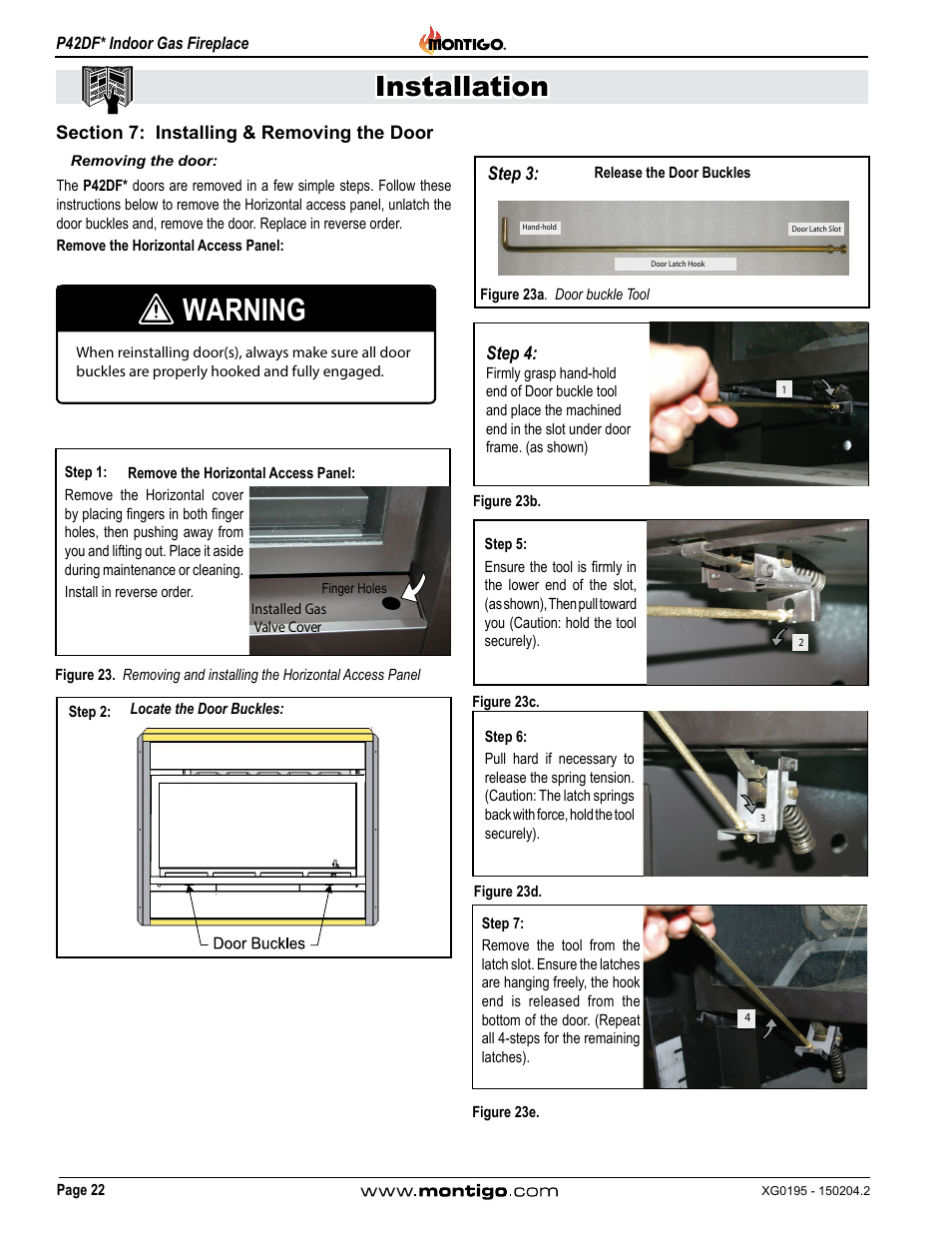 Section 7: installing & removing the door, Warning, Installation | Montigo P42DF User Manual | Page 22 / 34